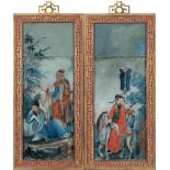 A pair of early 19th century Chinese reverse glass paintings: depicting two figures seated on a