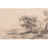 John Varley [1778-1842]- View across a bay to a castle and shipping,:- signed and dated J.
