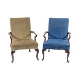 A pair of stained mahogany open armchairs in the George II taste:,