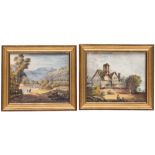 A pair of English porcelain topographical plaques: one painted with a named view 'Cottage built at