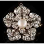 A 19th century diamond and button pearl cluster brooch: of pentagonal form,