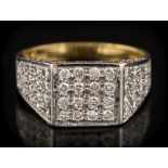 An 18ct gold and diamond square cluster ring: with square cluster 9mm wide and tapering shoulders