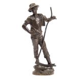 After Marcel Debut - 'Le Soir',: a bronze figure of a young man leaning on a scythe,