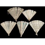 Five 19th century Chinese pierced ivory brise fans: various sizes,