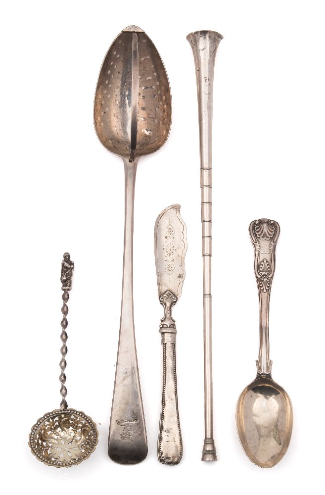 A George III silver Old English pattern straining spoon, maker Joseph Hicks, Exeter, 1815: crested,