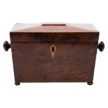 A Regency burr yew and boxwood strung tea caddy: of sarcophagus outline,