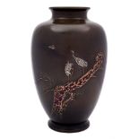 A Japanese bronze, silver and copper inlaid vase: of oviform outline,