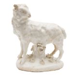 A pair of Derby 'dry-edge' models of a ewe and ram: naturistically modelled in the white,