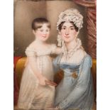 English School early 19th Century- Miniature portrait of Mary Lacey and her son Charles as a child,