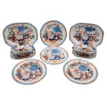 A Masons Patent Ironstone China dinner service: decorated in an Imari pattern,