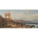 After Clarkson Stanfield [19th Century]- Ancona and The Arch of Trajan:- beach scene with figures