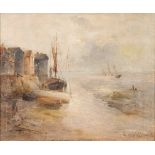 Gustave de Breanski [1856-1898]- Sunset estuary scene; Fishermen at low tide,:- two,