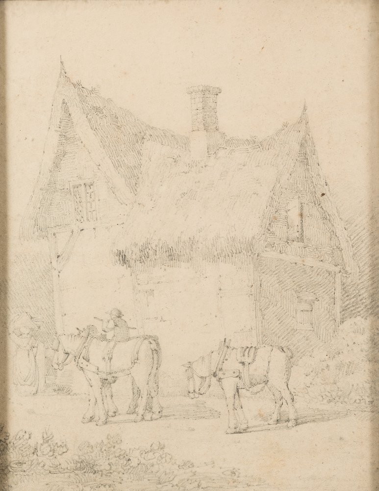 Attributed to Robert Dixon [1780-1815]- Farmer and work horses outside a thatched cottage,