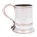 A Queen Anne period silver mug, all marks rubbed and worn: initialled,