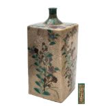 A Japanese Ko-Kiyomizu crackle glazed sake bottle [tokkuri]: of square section enamelled with