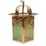 An Arts and Crafts copper and brass hall lantern: of rectangular outline,