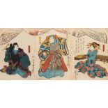 After Utagawa Kuniyoshi, a woodblock triptych of Japanese actors: as Samurai warriors and bijin,