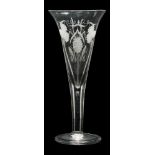 A large ale glass: the trumpet shaped bowl engraved with hops and barley on a straight stem and