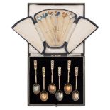 A set of Elizabeth II silver gilt and enamelled coffee spoons, maker Turner & Simpson, Birmingham,