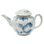 A First Period Worcester blue and white teapot and cover: of fluted form with moulded cartouches,