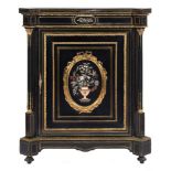 A Victorian ebonised, pietra dura, brass inlaid and gilt metal mounted pier cabinet:,