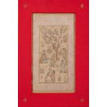 A Mughal |School picture: five figures below a blossoming tree, one with a bird perched on his arm,