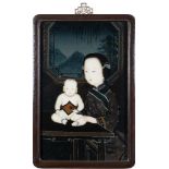 A 20th century Chinese reverse painting on glass: depicting a mother with her child seated on a