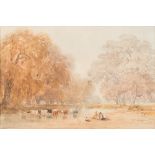 David Cox [1783-1859]- A tree lined river bank with cattle midstream,
