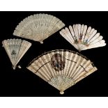 A Regency period fan: the silk leaf with central cartouche of neo-classical figures within a sequin