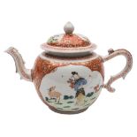 A Chinese famille rose/verte teapot and cover: painted to each side with an elegant lady and a deer