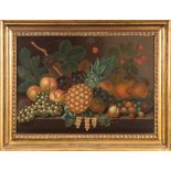 European School 19th Century- Still life of fruit on a marble ledge, including a pineapple,