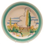 A Clarice Cliff Stile and Trees pattern plate: decorated in shades of green, yellow,