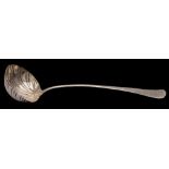 A George III silver Hanoverian pattern soup ladle, maker's mark worn, London, 1766: crested,