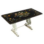 A black marble, decorated and cast iron rectangular occasional table:,