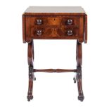 An early 19th Century mahogany drop flap work table:, the hinged top with rounded corners,