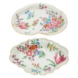 Two First Period Worcester dessert dishes decorated in the Giles workshops: of lozenge and heart