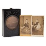 Carte de Visite : ebony viewer with circular 7 cms magnifying lens, 135 x 90 mm, c1860s.