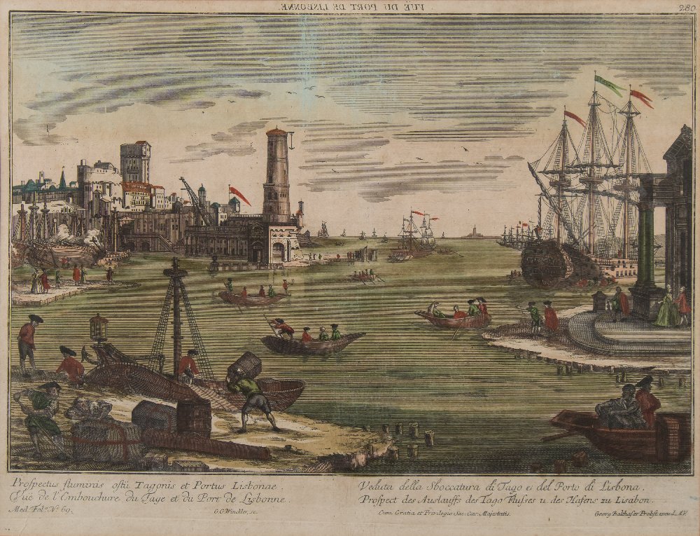 Vue du Optic : The Port of Lisbonne [Lisbon], hand coloured print, 410 x 275 mm, f & g,