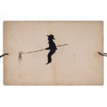 A hand cut silhouette and ink thaumatrope of a boy with carrots on a stick riding a donke:,