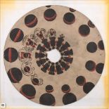 An 11 1/2 inch zoetrope base card of a firing cannon:, hand coloured in red and black, unsigned.