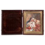 A Victorian watercolour on ivory portrait of parents bathing an infant:, unsigned,