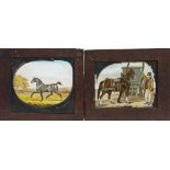 Two early 19th century hand finished glass lantern slides:, an old farmer with horse and cart,