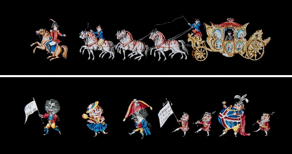 Two hand painted panoramic magic lantern slides of the Royal Carriage Procession to the opening of