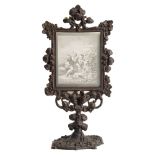 Lithophane Plaque and Stand : depicting two boys and a dog, pierced metal stand with candle holder,
