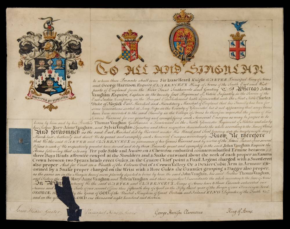 GRANT OF ARMS : to John Vaughan,