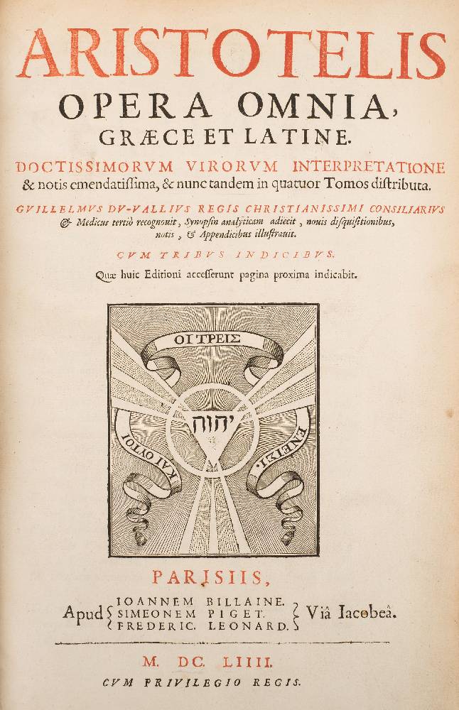 ARISTOTELES - Aristotelis Opera Omnia, Graece et Latine : 4 vols, vellum, folio, Paris, 1654. - Image 2 of 2