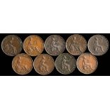 George IV nine assorted copper farthings: various dates including 1821,1823, 1826,