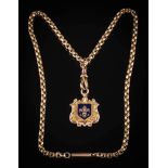 A 19th century Albert: the clasp stamped '9c' with attached 9ct gold enamelled cartouche pendant