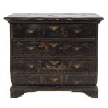 An 18th Century black lacquer and chinoiserie bombe fronted chest:, decorated with ships, pagodas,