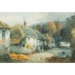 Alfred Leyman [1856-1933]- Gittisham Village; thatched cottages and figures in the road,:- signed,